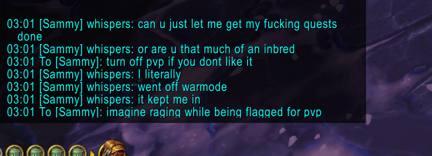 Adem_WoW's tweet photo. Imagine getting this mad because you flagged for pvp... Dude adds me to insult me and call me inbred LMFAO just turn off pvp and wait out the timer if you don't like it that (We are both lvl 90) https://t.co/yBpd2toSiD