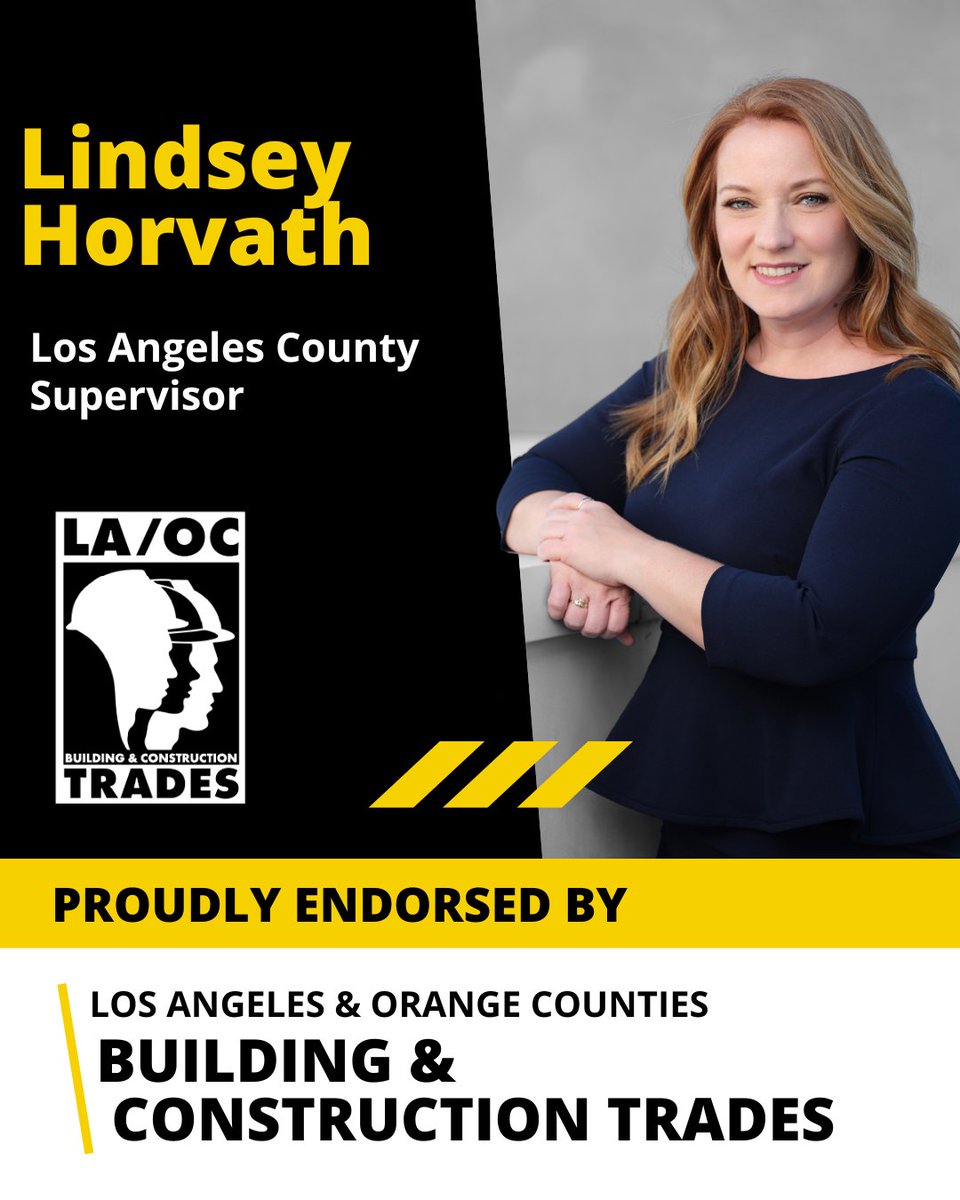 LAOCTrades's tweet photo. The LA/OC Building Trades are pleased to announce our endorsement of Lindsey Horvath for County Supervisor. She has taken our region's toughest challenges head-on, and her crisis-tested leadership and experience building diverse coalitions is the representation we deserve. https://t.co/H47BhnkDjg