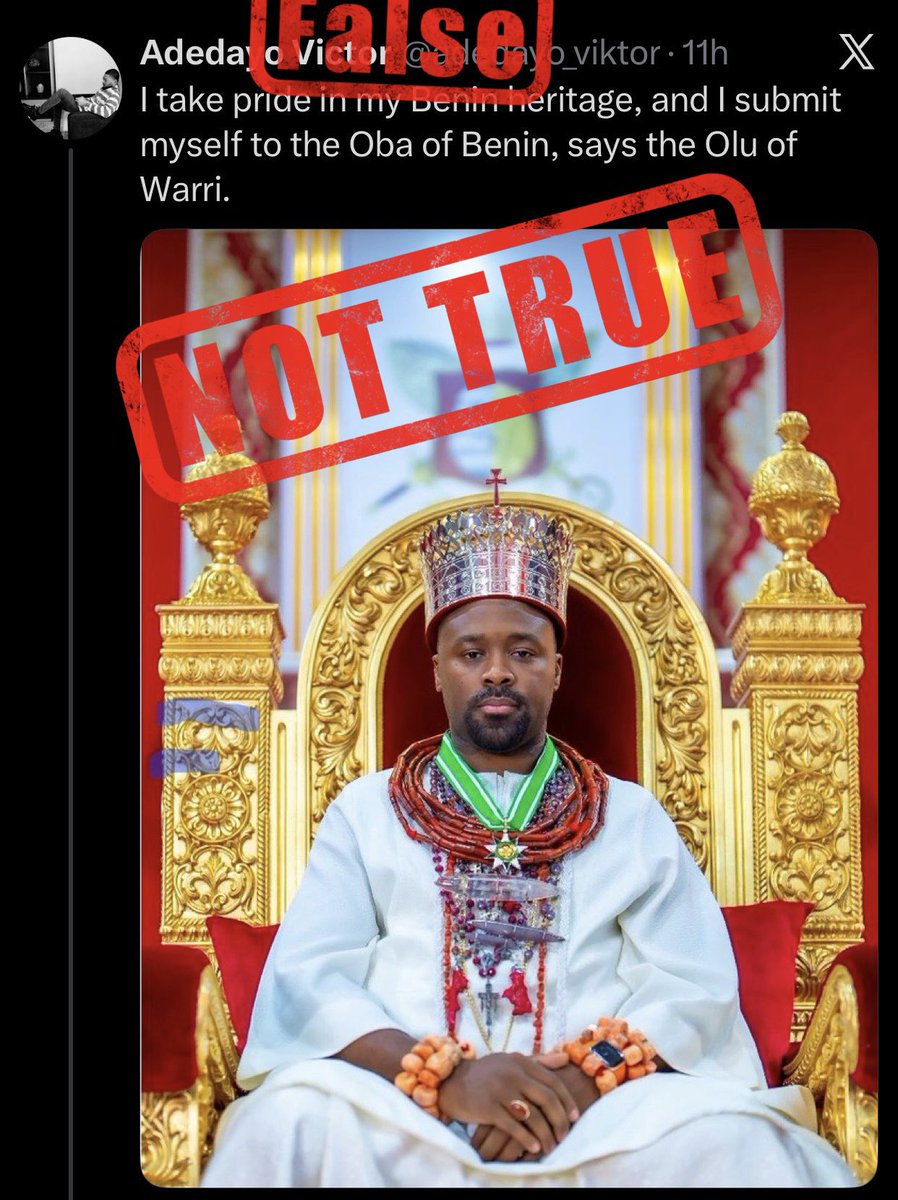 Lord_Of_Warri's tweet photo. Please disregard that post—it is false and completely fabricated. 

His Majesty, Ògíamẹ̀ Atuwatsé III CFR, the Olú of Warri, never made such a statement. The Olú is the elder brother to the Oba of Benin and cannot submit himself to his junior brother or to anyone else. This claim is nothing more than a fabrication spread by Imasuen Izoduwa, also known as “M0nkey Face,” using the fake Oyo account under the name Adedayo Victor.