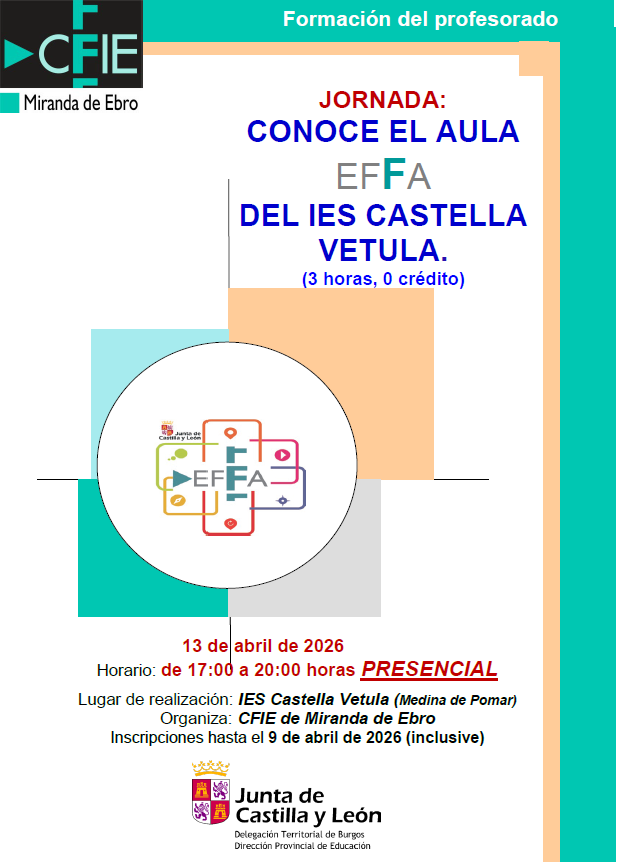 cfiemiranda's tweet photo. 📣 Nueva convocatoria: Jornada: "Conoce el aula EFFA del IES Castella Vetula". 

📍Presencial en el IES Castella Vetula de Medina de Pomar. 

📝 Inscripciones hasta el 9 de abril en nuestra web 👇
https://t.co/p9lARb76RV

#EFFACyL
#innovaCyL
#formaciónCyL https://t.co/P5ksXLrQlb