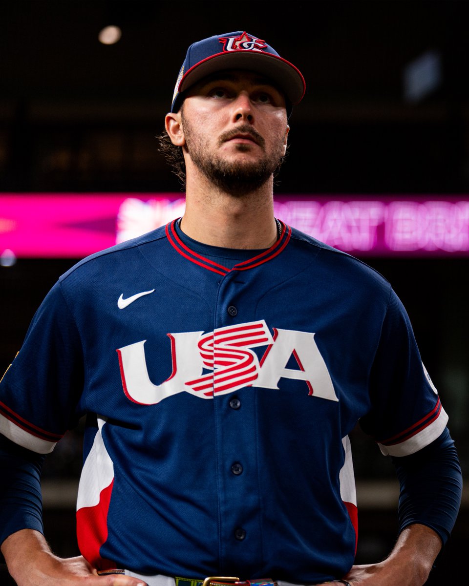 TalkinBaseball_'s tweet image. Team USA's lineup vs Mexico tonight

1. Bobby Witt Jr., SS
2. Bryce Harper, 1B
3. Aaron Judge, RF
4. Kyle Schwarber, DH
5. Alex Bregman, 3B
6. Cal Raleigh, C
7. Roman Anthony, LF
8. Byron Buxton, CF
9. Brice Turang, 2B

SP: RHP Paul Skenes