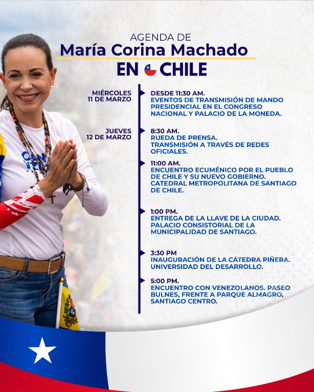 🇻🇪🇨🇱 | Agenda de la líder venezolana María Corina Machado (<a href="/MariaCorinaYA/">María Corina Machado</a>) en Chile.