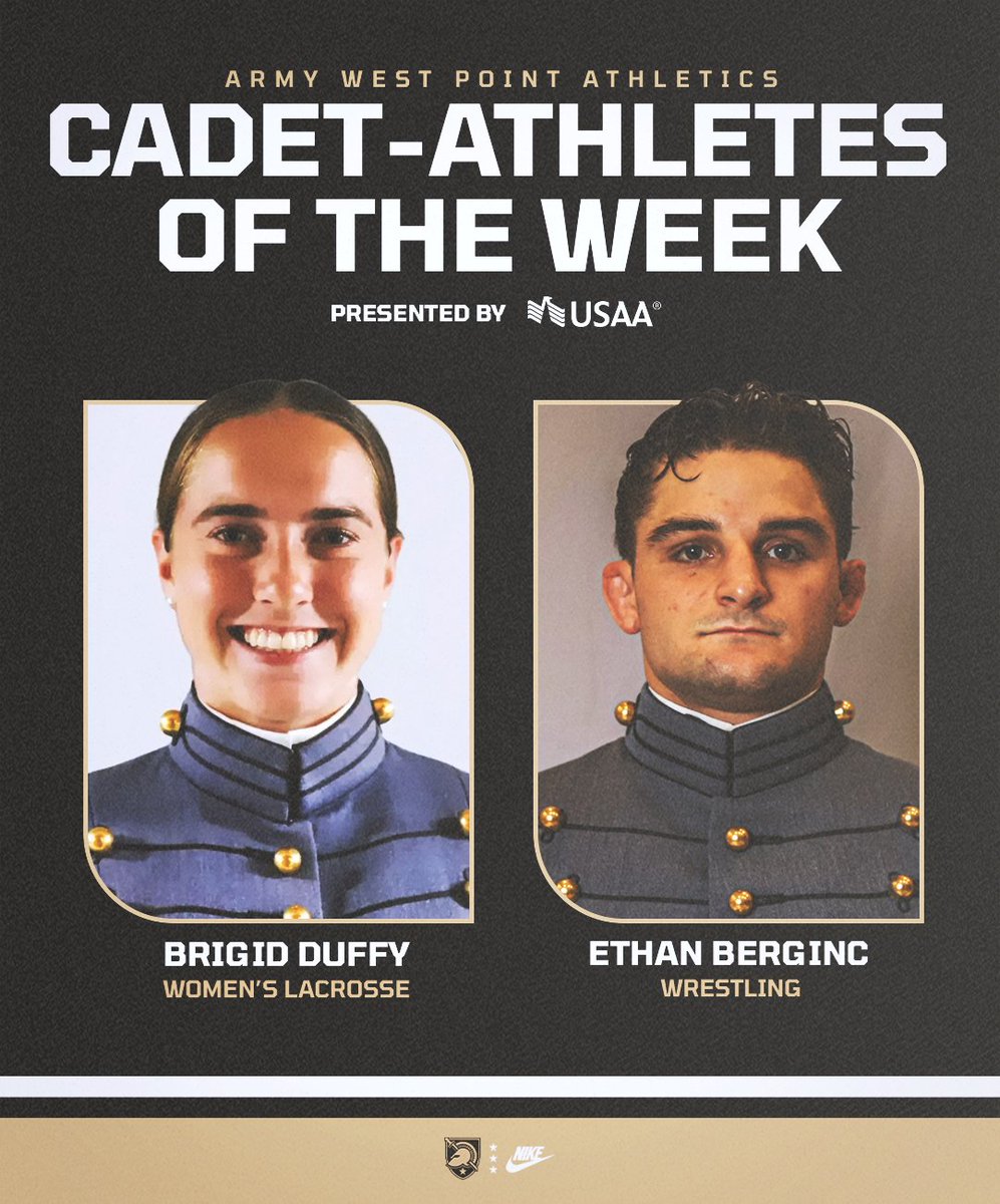 GoArmyWestPoint's tweet photo. Congrats to our Cadet-Athletes of the Week presented by @USAA 🫡

• Duffy finished with 14 points in 2 @ArmyWP_WLax victories with 10 goals and 4 assists. She had 6 goals and an assist in Army's league win at Boston U and became the first Black Knight to reach 200 career goals.
• Berginc became a four-time NCAA qualifier this weekend for @ArmyWP_Wres after finishing 2nd at EIWAs at 133 lbs. He is the 5th wrestler in program history to reach four NCAA Championships.