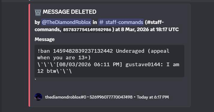 TheDiamondRobl2's tweet photo. I banned someone for being underage and this message of me sending the command got my account banned for being underaged @discord_support (how can I get unbanned? I’m 19 and I have said it multiple times over the years my true age in all servers) https://t.co/TNekW4zrhY