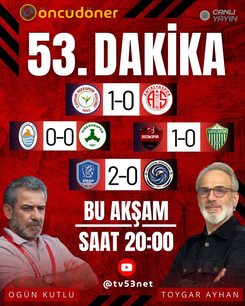 Rize futbolunun sesi 53. Dakika bu akşam saat 20:00’de tv53net YouTube kanalında canlı yayında! 🎙️⚽

Gazeteci Toygar Ayhan ve Teknik Direktör Ogün Kutlu ile haftanın tüm detaylarını konuşuyoruz.

Canlı Yayın Linki; youtube.com/watch?v=k7qf5X…