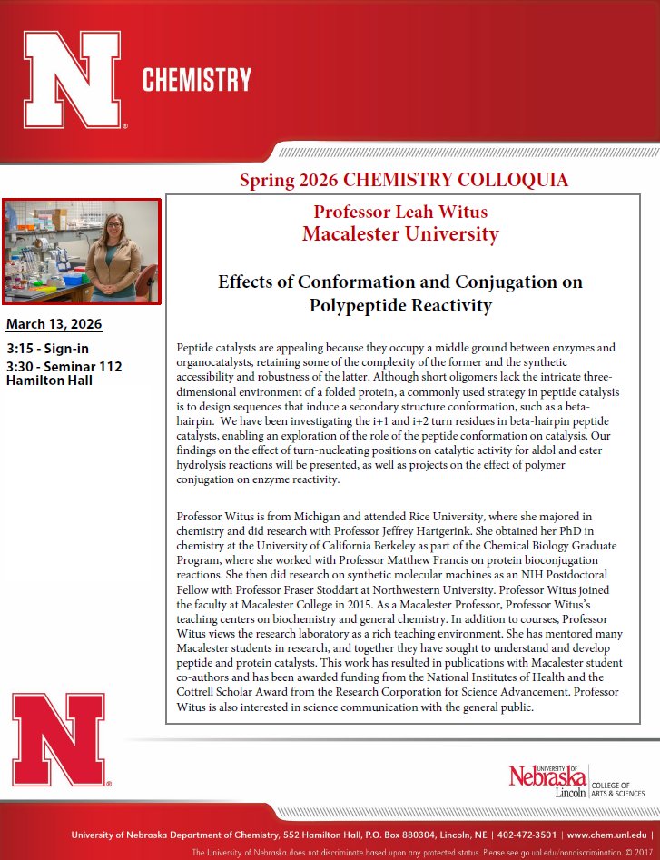 unlchemistry's tweet photo. This week, we have Professor Leah Witus from Macalester University joining us as our colloquium speaker. Seminar begins at 3:30pm in Hamilton Hall 112 https://t.co/BiBmqgOzOO