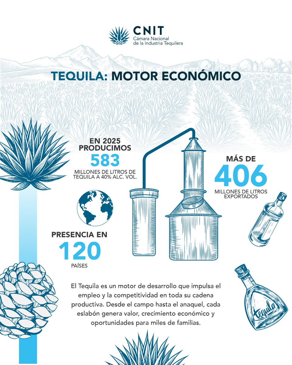 camaratequilera's tweet photo. Desde la Cámara Nacional de la Industria Tequilera trabajamos para que el Tequila crezca con orden y valor a nivel global.
En 2025 alcanzamos más de 583 millones de litros de Tequila producidos y más de 406 millones exportados, consolidando nuestra presencia en 120 países. #CNIT https://t.co/BYcWIhiM0z