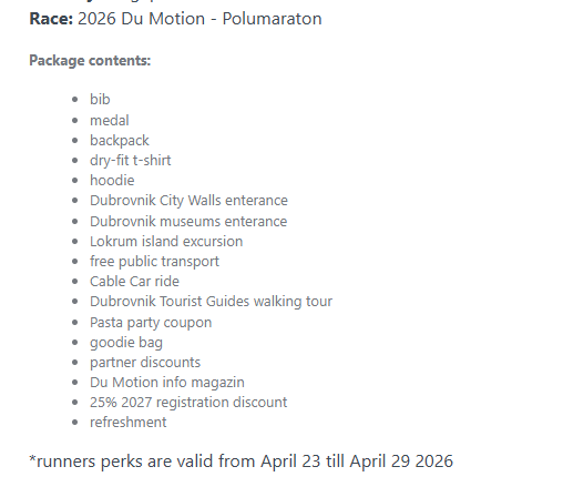 DUBROVNIK 21K 2026 - VIP PACKAGE - Selling for 120 Euros! Bought at early bird price (135). I can't make it. #dumotion #dubrovnik