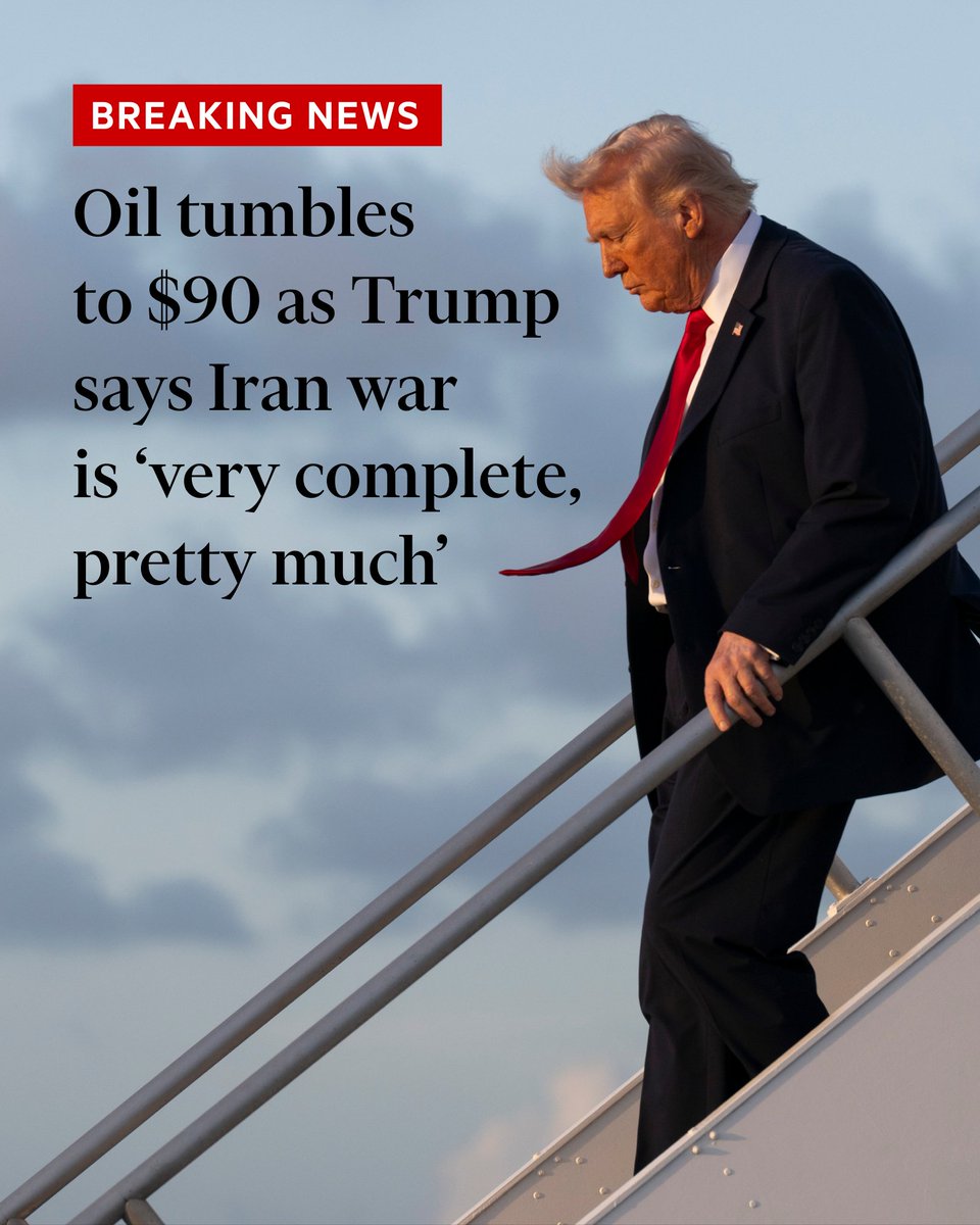 Donald Trump said the war against Iran was 'very complete, pretty much' as he declared there was 'nothing left in a military sense' in the country. Oil prices dropped sharply following the US president's comments. ft.trib.al/q9UVnag