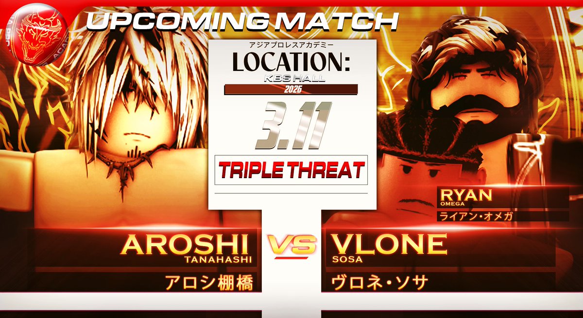 APWACA2021's tweet photo. Triple threat coming your way!
A tough battle here as a young talent in #VloneSosa is taking on @AceAroshi and @RyanOmegaRBLX in a triple threat this Wednesday!
LIVE on #apwanetwork!
(English to follow on demand)
#apwakbs #kbshall https://t.co/v8DtliUyUm