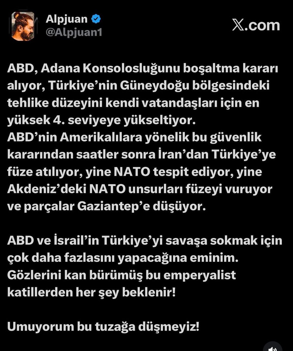 Amerika ve efendisi İsrail dilerim can kaybı ile sonuçlanacak büyük bir oyunla  ülkemizi  İran üzerinden savaşa çekmeye çalışmaz,

İranın ülkemize karşı iyi niyetli olduğu çok açık umarım bu oyuna gelmeyiz

#UzakŞehir Galatasaray Liverpool 
Zafer Ergin Zubkov 
#KayıtlarNeredeTFF