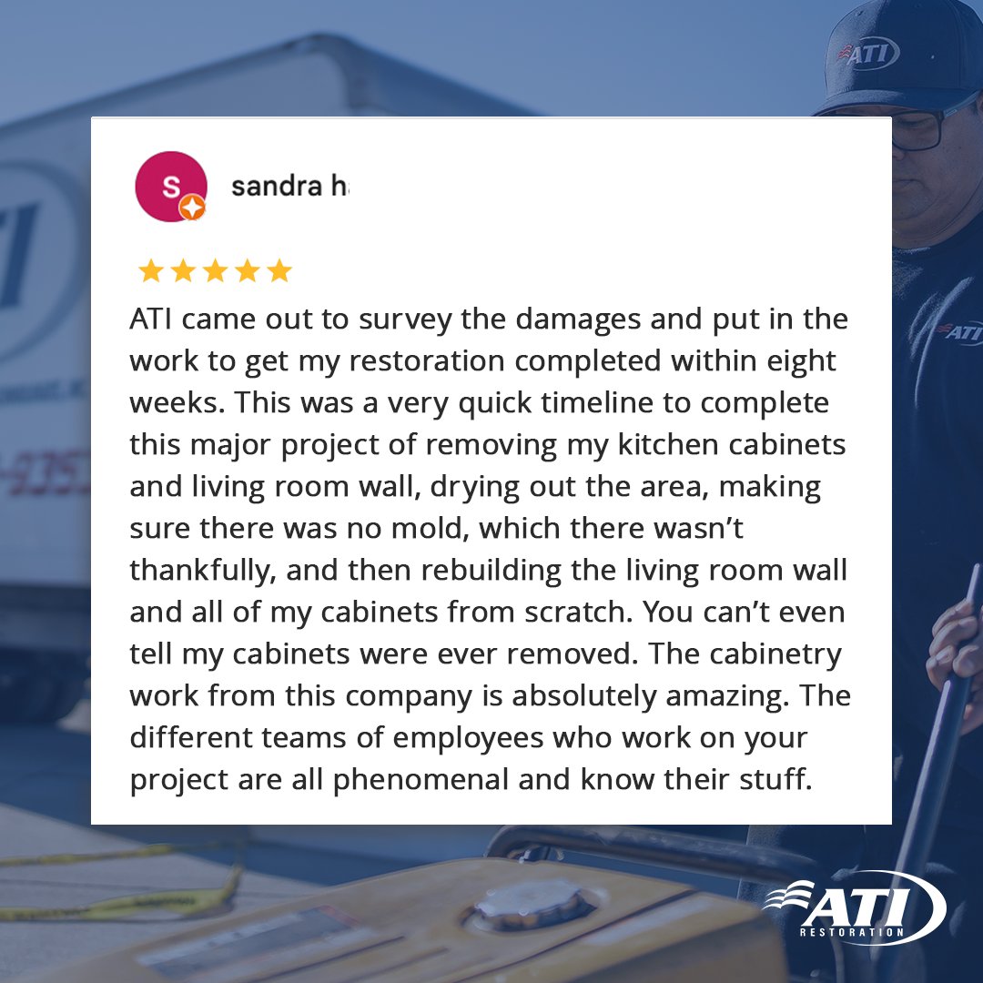 Thank you so much, Sandra, for your kind words! We know how disruptive water damage can be, especially in the heart of your home. 💙

#ATIrestoration #DisasterRecoveryServices #ClientStory #FiveStars #GoogleReview