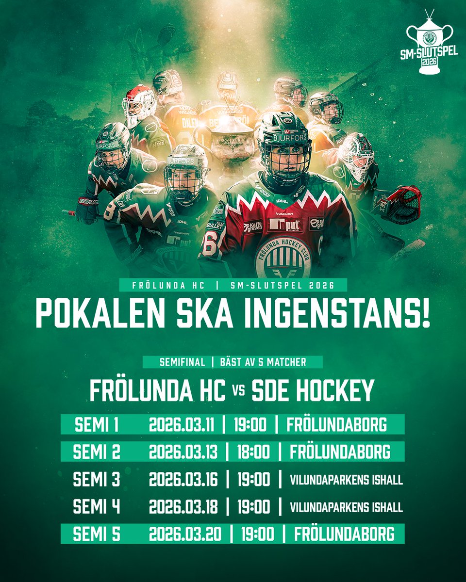 Vi ställs mot SDE i semifinalen och det är snabba puckar, för serien drar igång redan på onsdag. Vi startar med dubbla hemmamatcher (onsdag kl 19, fredag kl 18) och du säkrar din plats här: fhc.tmtickets.se/Events.