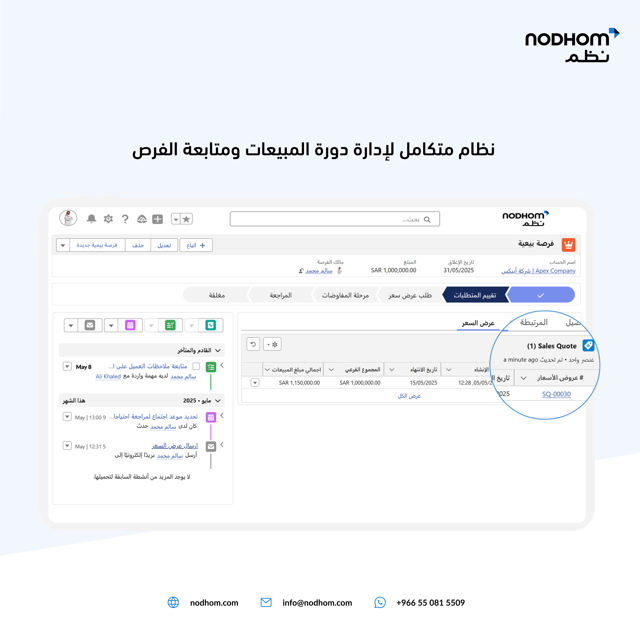 nodhom's tweet photo. تحكم في دورة المبيعات لمنشأتك لزيادة فرص البيع وتحسين الربحية باستمرار من خلال برنامج #المبيعات من #نُظم

للمزيد: https://t.co/8lL8h0wq1G

#ERP #Sales https://t.co/C1NCTtdPWu