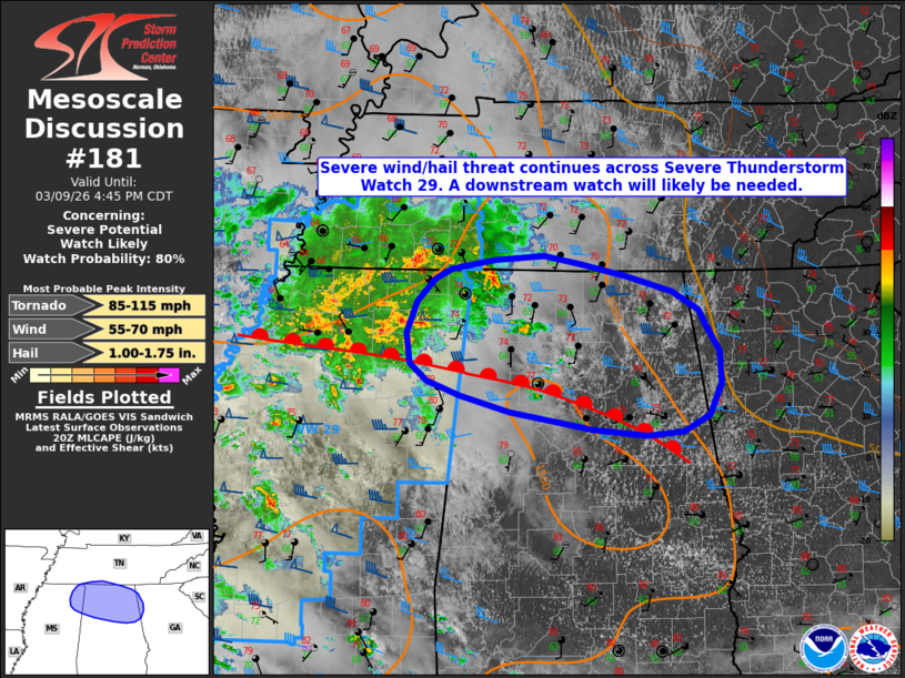 ChrisHolcomb's tweet photo. 80% chance that a watch will be issued for much of Alabama shortly, possibly extending into west Georgia later tonight.  We have an 11Alive Weather Impact Alert in effect for tonight as we track the storms moving in. https://t.co/H9YhE0lYY4