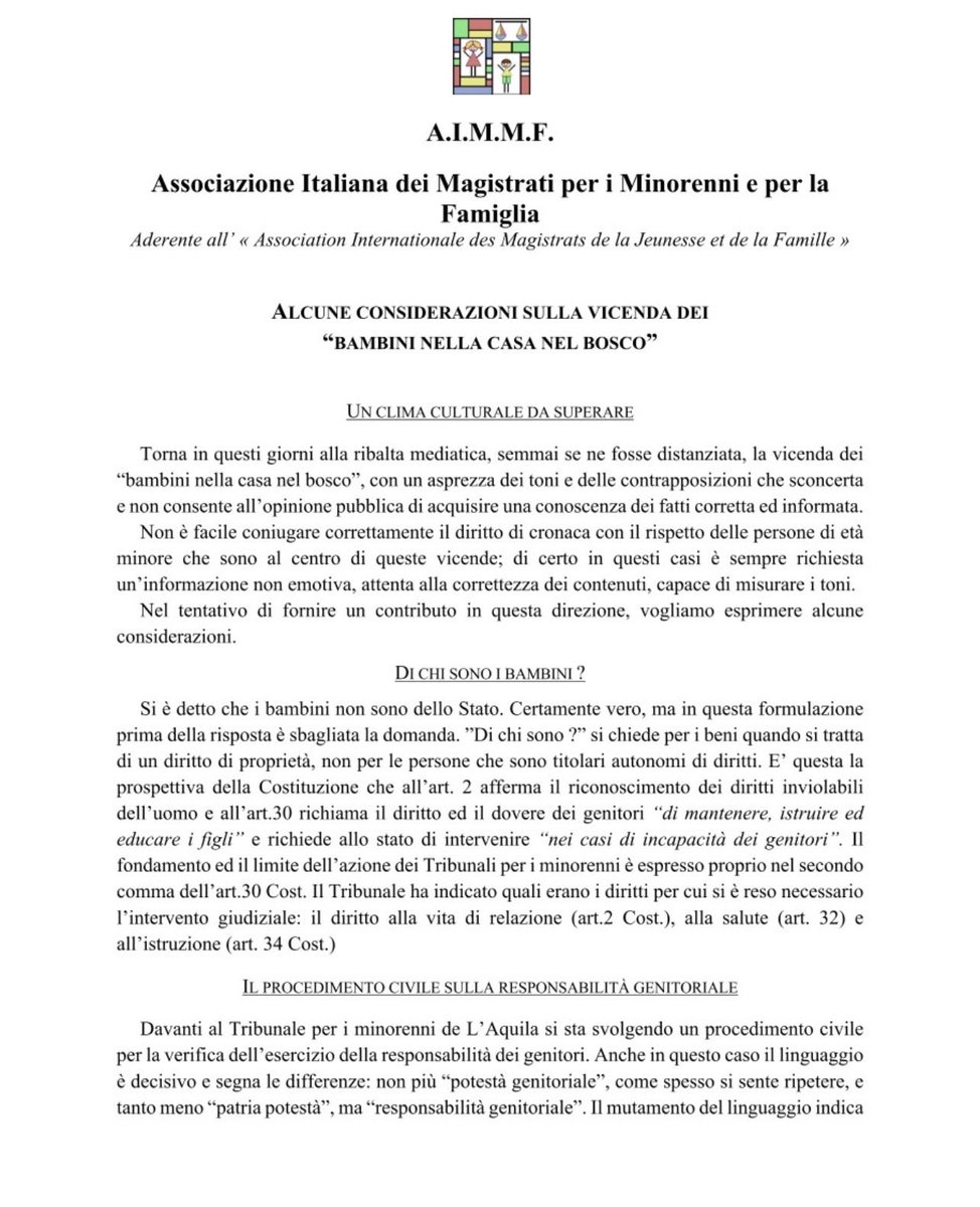 colvieux's tweet photo. Dopo moltissima spazzatura politico-mediatica le parole sacrosante della AIMMF (Associazione Italiana dei Magistrati per i Minorenni e per la
Famiglia) sul caso Famiglia nel bosco. I bambini sono titolari di diritti. 👇🏿 https://t.co/fQiBByW5oj