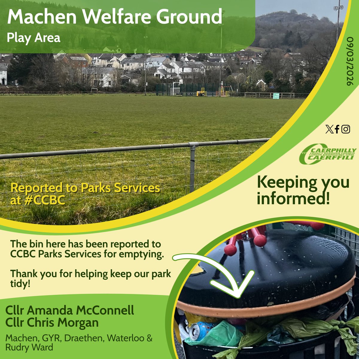 McConAmanda's tweet image. 🌳 Machen Welfare Ground Play Park Update 🛝

A big thank you to the resident who reported the full bin! ✅

We’ve let #CCBC Parks Services know, and it will be emptied soon. Thanks to everyone for helping keep our play park clean and safe! 💚

#MachenWelfare #MachenRudryWard
