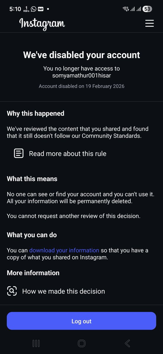 SomyaMathur6's tweet photo. My Instagram account @somyamathur001hisar (82K+ followers) was disabled on Feb 19, 2026. I follow all guidelines and have already requested a review. Please help restore it.

@instagram @creators @Meta

#RestoreMyAccount #InstagramSupport https://t.co/1UZ7U7iZqe