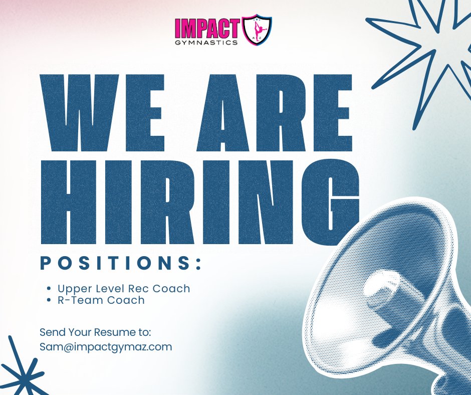 ImpactGymAZ's tweet photo. IMPACT Gymnastics in Phoenix is hiring coaches who will #MakeAnImpact.
401k after 6 months.
Salary dependent on experience.

Contact sam@impactgymaz.com

#gymnastics #gymnasticscoach #nowhiring #jobsinphoenix https://t.co/r2D1aH15KP