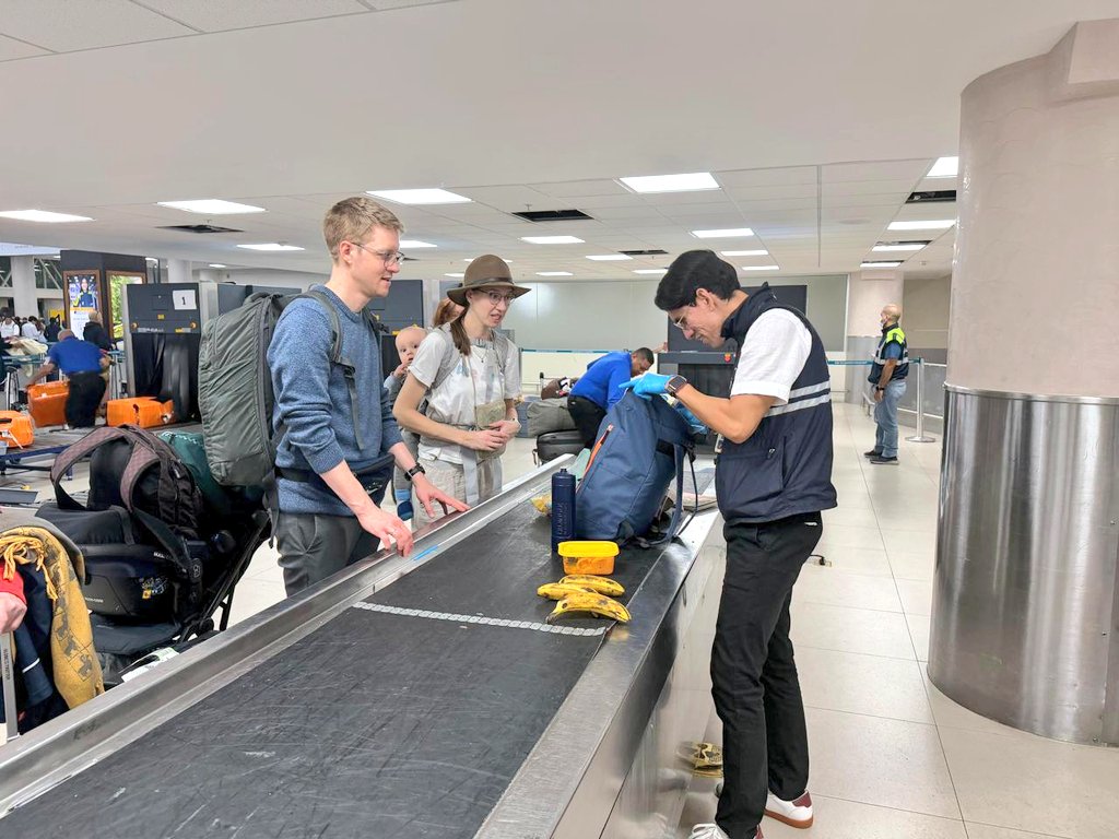 AgrocalidadZ5's tweet photo. #Guayas | Realizamos controles fito y zoosanitarios a pasajeros y equipajes provenientes de vuelos internacionales en el Aeropuerto Internacional José Joaquín de Olmedo, para prevenir el ingreso de plagas y enfermedades que puedan afectar la producción agropecuaria del país. 🇪🇨 https://t.co/ohz618Y8wI