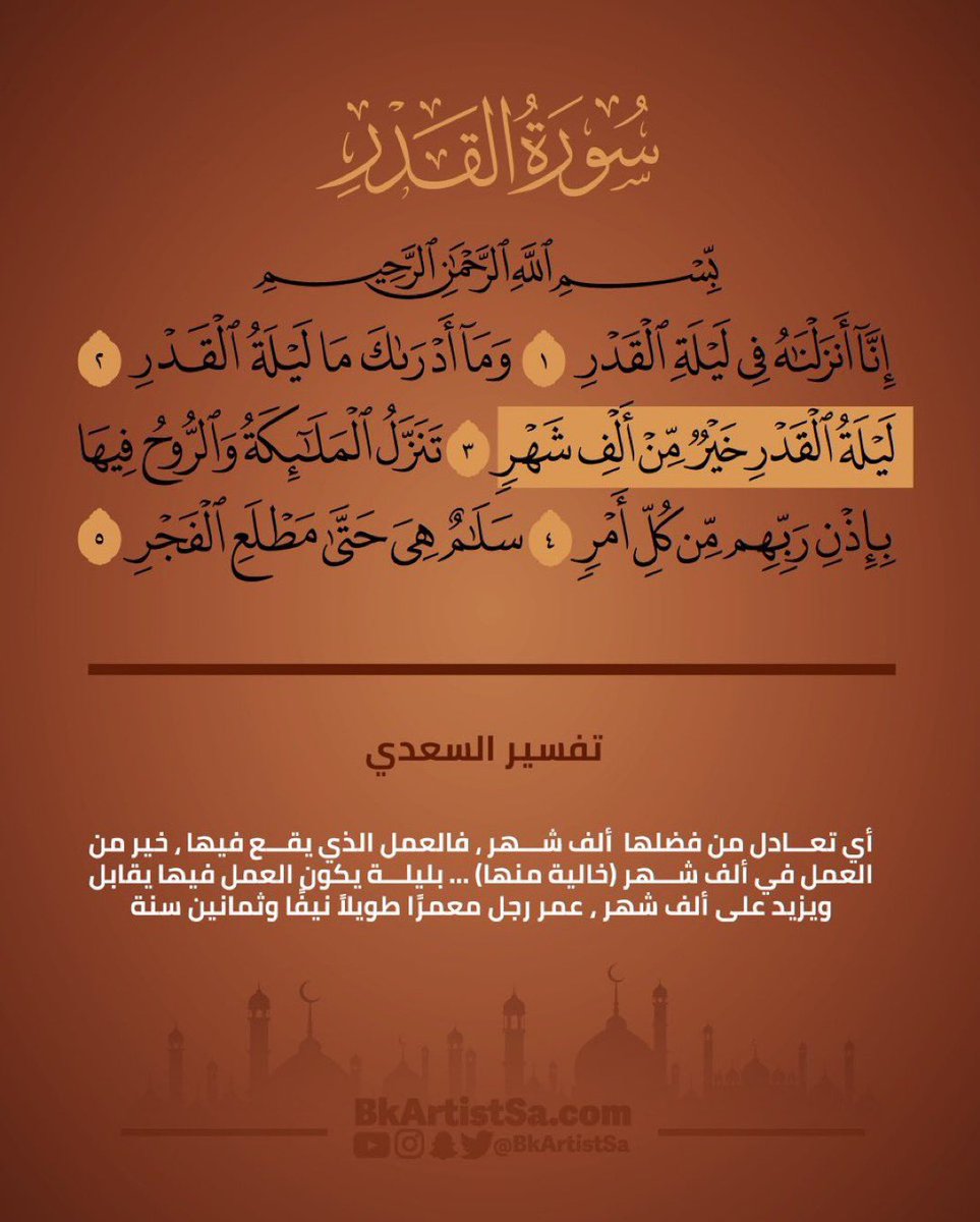 bkartistSA's tweet photo. لا تضيعوا ليلة القدر في هذه العشر الأواخر 
هذه الليلة هي أفضل يوم بالسنة ليش!
لان اي عمل بسيط تعمله أجره  يساوي ١٠٠٠ شهر من نفس العمل 

كم هذه الالف شهر تكون من عمر الإنسان !؟
السنة فيها ١٢ شهر اقسم ١٢ شهر  على ١٠٠٠ شهر راح تساوي ٨٣ سنة

تخيل اجر ٨٣ سنة تاخذها بليلة واحدة !!

طيب لو قرأت قل هو الله أحد … ثلاث مرات بتكون أخذت اجر قراءة القرآن واضربها ب ٨٣ سنة

نفس الشيء لو تصدقت بريال او ١٠ ريال بتاخذ اجر كل هذه السنوات لا تقول صعبه احصل أحد باليل! تقدر تتصدق من تطبيق احسان الرسمي اتصدق كل يوم لو بريال في هذه العشرة الأواخر

طيب ولو قرأت صفحة من القرآن كم بتاخذ منك ما راح تتعدى ٣ دقائق 

ونفس الشيء لو صليت صلاة غير الفريضة وغيرها من أعمال الخير البسيطة

🧡🪴