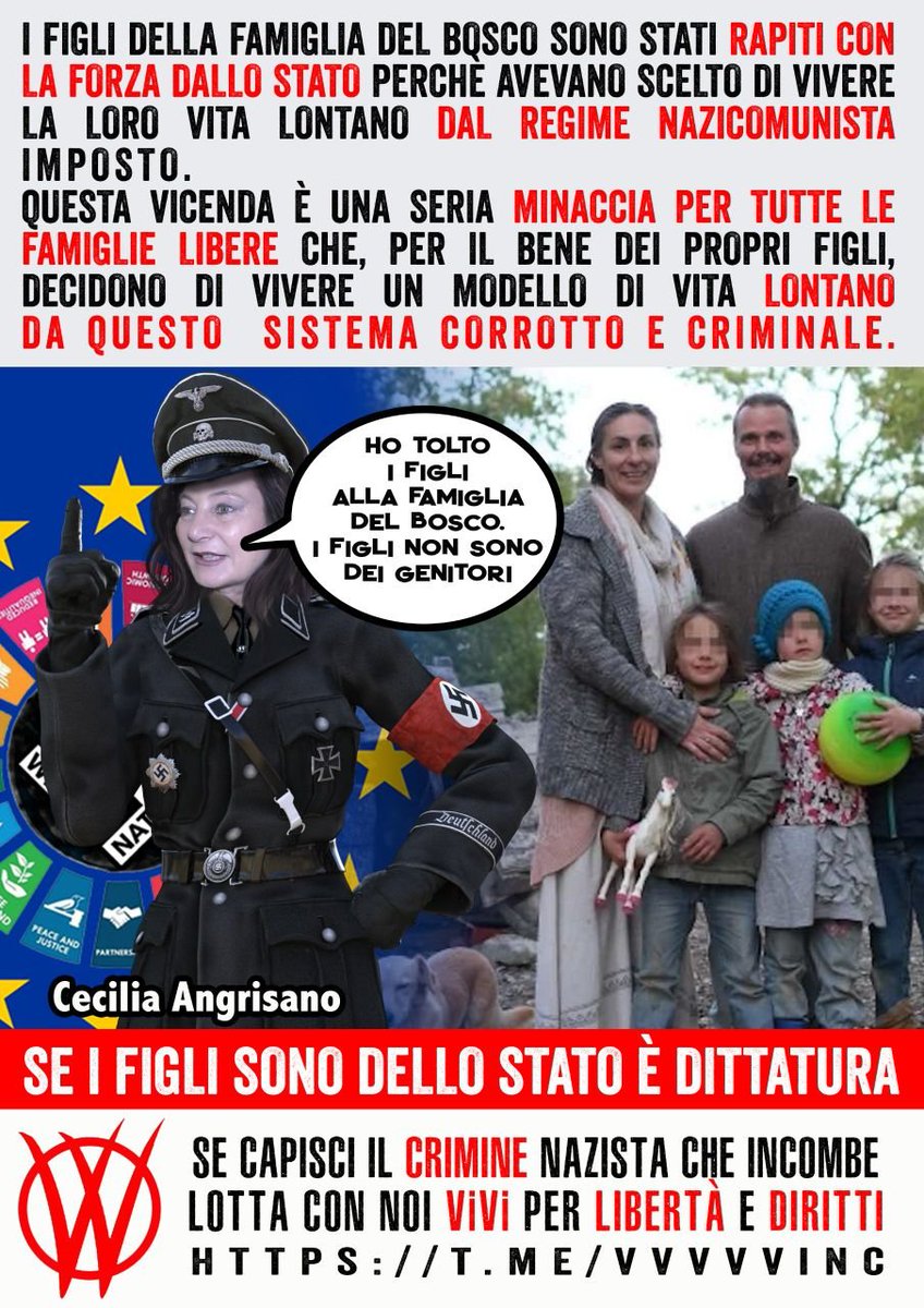 La più grande vergogna italiana! Uno Stato canaglia che ha sequestrato tre bambini felici rovinando la loro stabilità emotiva colpevoli di vivere con i genitori diversamente dalla dittatura del pensiero unico! Che schifo!