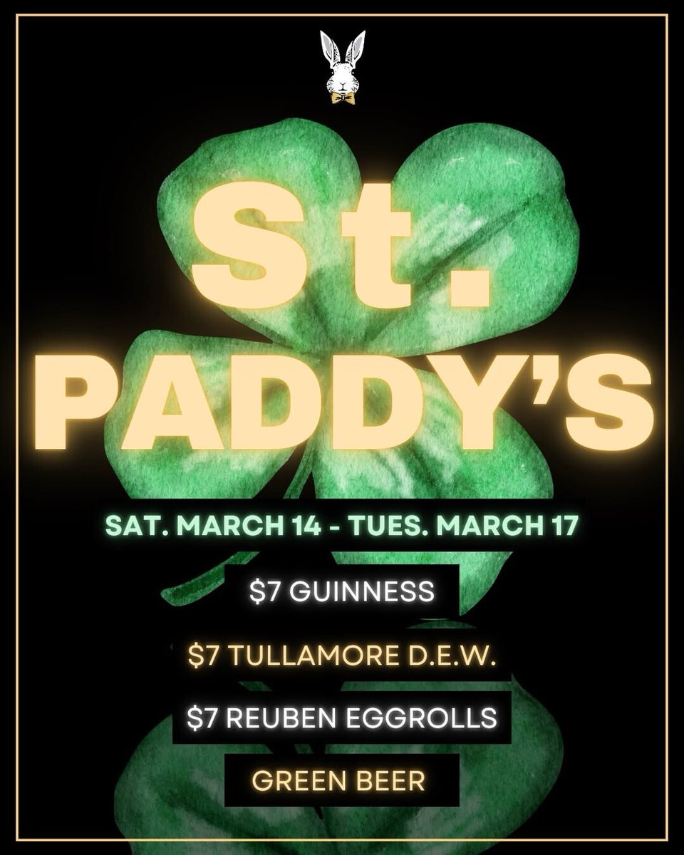 🍀🍻 St. Patrick’s Day lasts four days at @brassrabbitpub! 🐰
From Saturday, March 14 – Tuesday, March 17, enjoy festive pours and tasty bites:
• $7 Guinness 🍺
• $7 Telly 🥃
• $7 Reuben Eggrolls 🌯
• Green Beer 🍀
Raise a glass, share the luck, and celebrate! 🌈💚🎩