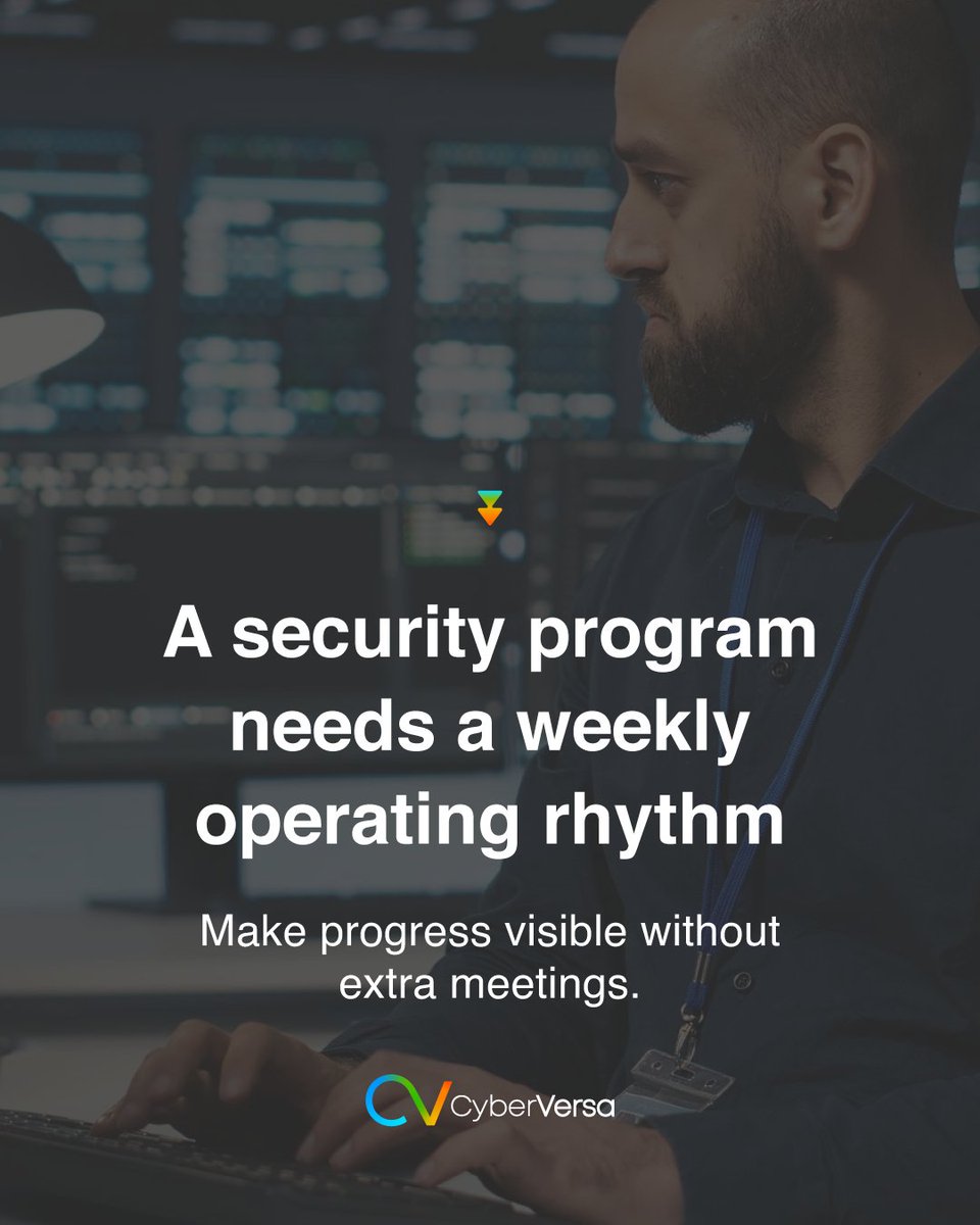 CyberVersa's tweet photo. Security work drifts when it lives only in quarterly updates and urgent escalations. 🗓️ A weekly rhythm keeps priorities current and prevents "silent backlog" risk. #SecurityPrograms #SecurityOperations #CyberVersa https://t.co/ArarxfG2Dq