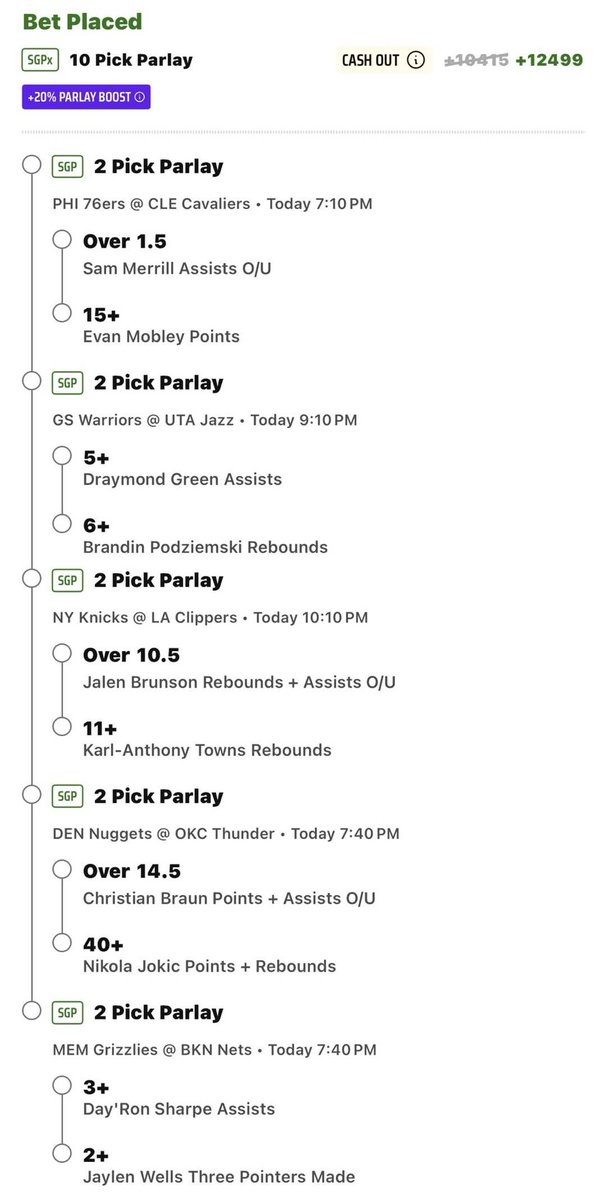 3jacksS's tweet photo. 5 games.
2 legs each.
80% Hit Rates
#TheMathIsMathing
#SportsgamblingX

Let’s cash!
@BabyboiTaylor @RageTheParlay @late_night911 https://t.co/IPQSmtAJWY