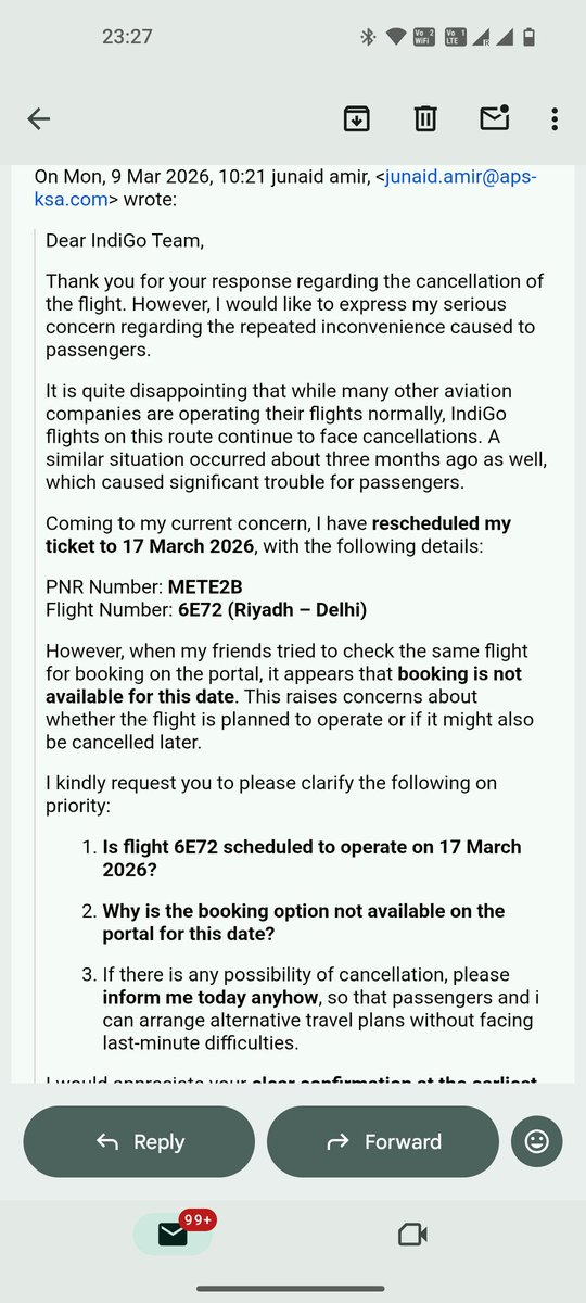 junaidamir88's tweet photo. Dear @IndiGo6E, why are you not responding over email? Please provide me an alternative option to reach India. If unable to land in Delhi, then provide options for Mumbai or Bangalore or Lucknow. @DrSJaishankar @MEAIndia @narendramodi @AmitShah @aviation https://t.co/o5qIUI9OXz