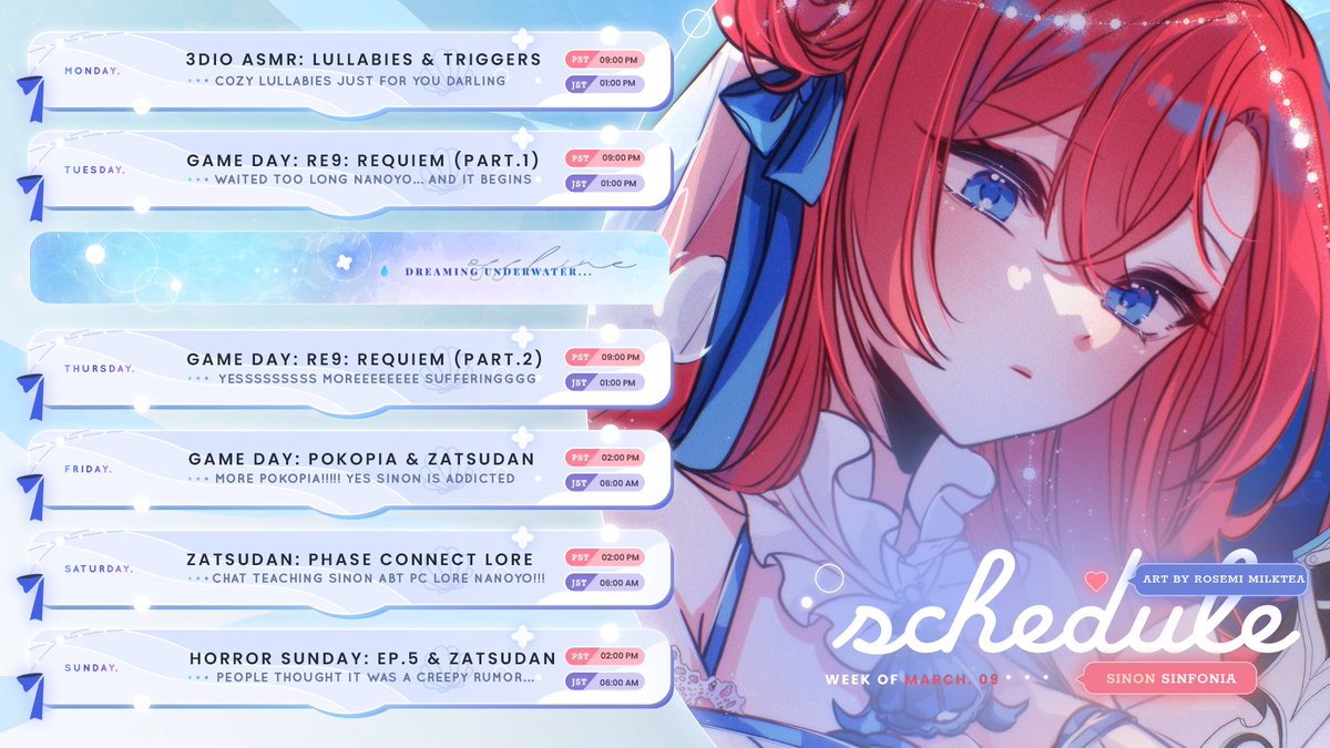 SinonSinfonia's tweet photo. 03/09/26 - 03/15/26 WEEK SCHEDULE!!! 🐚🫧
Waited so long for this… Resident Evil 9: Requiem starts THIS WEEK NANOYO!!!
Fan Art: #SinonArt
Livestream/Clips: #SinonLive
General: #SinonDiary
NSFW: #SinfulSinon https://t.co/NHZOTmWBkd
