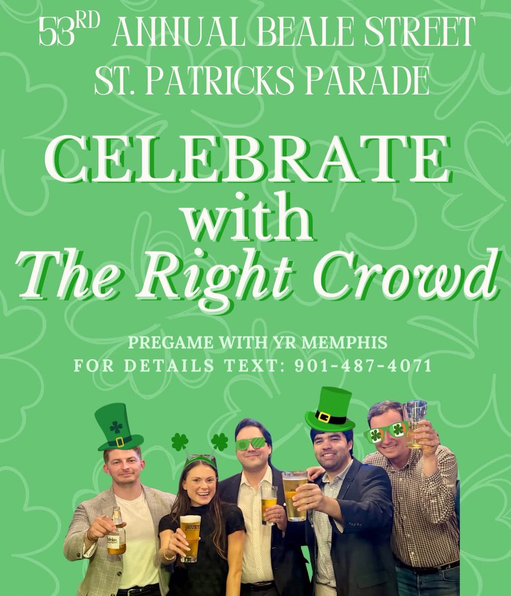 YRMemphis's tweet image. CELEBRATE #STPATTYS in #MEMPHIS the RIGHT WAY‼️🍀🍻🇺🇸

Join us this weekend 3/14 for the 53rd Annual Silky’s St. Patrick’s Day Parade on Beale Street!!💯

Come celebrate one of Memphis’ most iconic traditions with the Memphis Young Republicans. 🐘🎉

📲 Text 901-487-4071 to RSVP.
