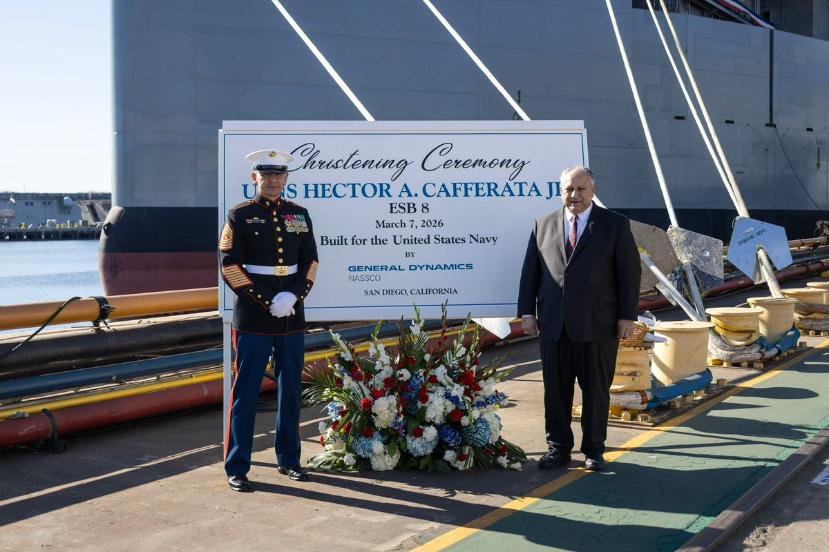 USMCSgtMaj's tweet photo. Saturday, I had the privilege of speaking at the christening #ceremony for the future USNS Hector A. #Cafferata Jr. (ESB-8). This ship will bring significant capability to our #warfighters, and its crew will carry Cafferata’s legacy. Link in bio for full ceremony. #Marines #Navy https://t.co/hXXKkLHpyJ