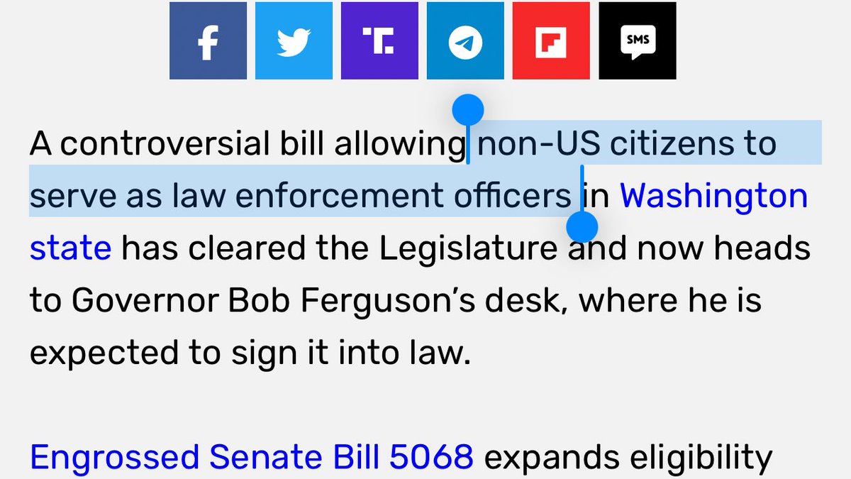 Bubblebathgirl's tweet photo. Washington state passes bill allowing non-citizens to serve as police officers and carry guns, also to serve as firefighters and Department of Fish and Wildlife officers.

It now heads to Governor Bob Ferguson’s desk, where he is expected to sign it into law.

Clip is from before bill passed the Washington state House but explains the implications of it properly.

Allowing non-citizens to carry firearms, especially as cops, is complete insanity.

(Hana Kim on FB)
