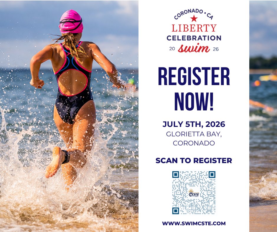 SwimCSTE's tweet photo. REGISTRATION OPEN! 🇺🇸 5th of July Liberty Celebration Open Water Swim at Glorietta Bay. 250M, 750M, 1.5K, 3K - Distance for every swimmer and experience level! #GloriettaBaySwim
#LibertyCelebration #5thOfJulySwim
#OpenWaterSwim #CSTE https://t.co/pU9fb6wWbE