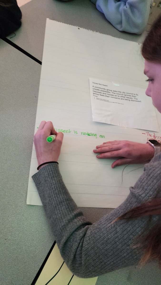 MarieDeener's tweet photo. Today we discussed dissent in a democracy. Students did a modified gallery walk; they analyzed different scenarios and identified the dissent and created a solition. The trick was they had to create a different solution then the groups before them. @KEDCGrants @KEDC1 @@kedc_epic https://t.co/KwEpLCtuCa