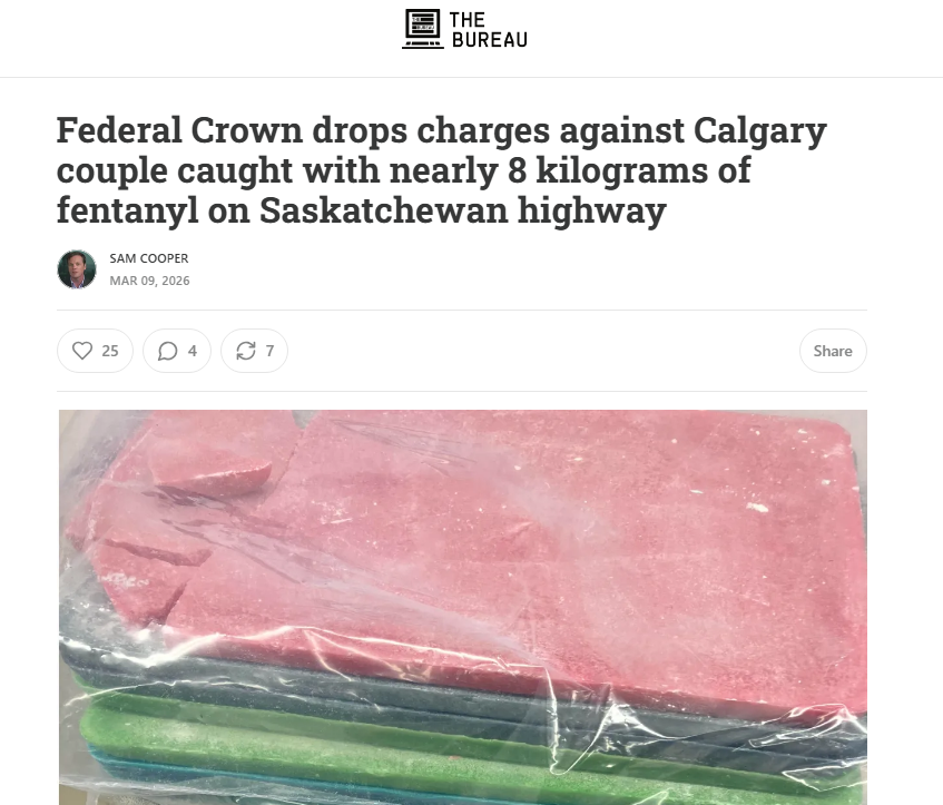 cbcwatcher's tweet photo. "As The Bureau has previously reported, the pattern of federal charges being stayed in major fentanyl and narcotics cases is not new. In a British Columbia case, federal prosecutors stayed 12 counts of possession for the purpose of trafficking against a Richmond fentanyl network defendant on the fourth day of trial in B.C. Supreme Court — after a “comprehensive and exhaustive investigation” by the Organized Crime Unit, three overdose victims, and kilograms of fentanyl-laced heroin. The prosecution service offered a statement then that is word-for-word identical to the one it issued in the Swift Current case: the standard for prosecution, it said, had ceased to be met. No further explanation was provided in either case."