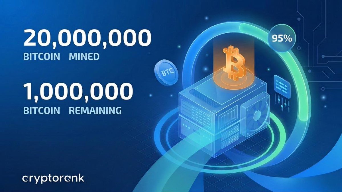 ⚡️ TODAY: 20 Mil $BTC Officially Mined

Milestone was reached at block 939,999, mined by Foundry USA pool. Total circ. supply now exceeds 95.2%.

Mining first 20 mil coins took just over 17 years. Due to halving mechanism, remaining 1 Mil #BTC will take roughly 114 years to mine