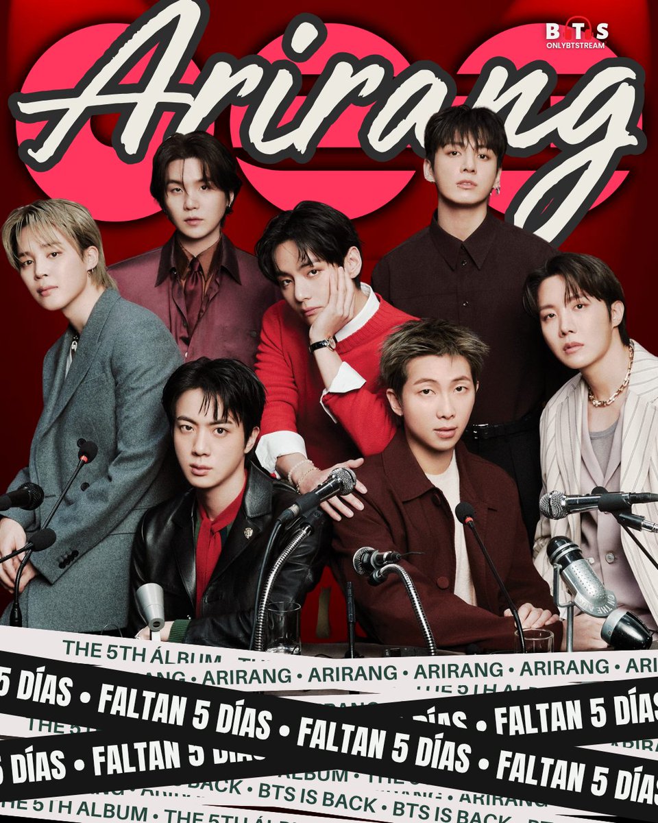 📢 Faltan 5 DÍAS para "ARIRANG" de 
<a href="/BTS_twt/">방탄소년단</a>

🗓️ 20 de marzo, 1 PM (KST)
🗓️ 19.03
10:00 PM 🇨🇷🇬🇹🇸🇻🇳🇮🇭🇳🇲🇽
11:00 PM 🇵🇪🇨🇴🇪🇨🇵🇦
🗓️ 20.03
00:00 AM 🇩🇴🇧🇴🇵🇷🇻🇪🇨🇺
01:00 AM 🇦🇷🇺🇾🇧🇷🇵🇾🇨🇱
05:00 AM 🇪🇸

— Pre-guarda:
🟢open.spotify.com/prerelease/1Dc…
🍎 Music:music.apple.com/ar/album/arira…