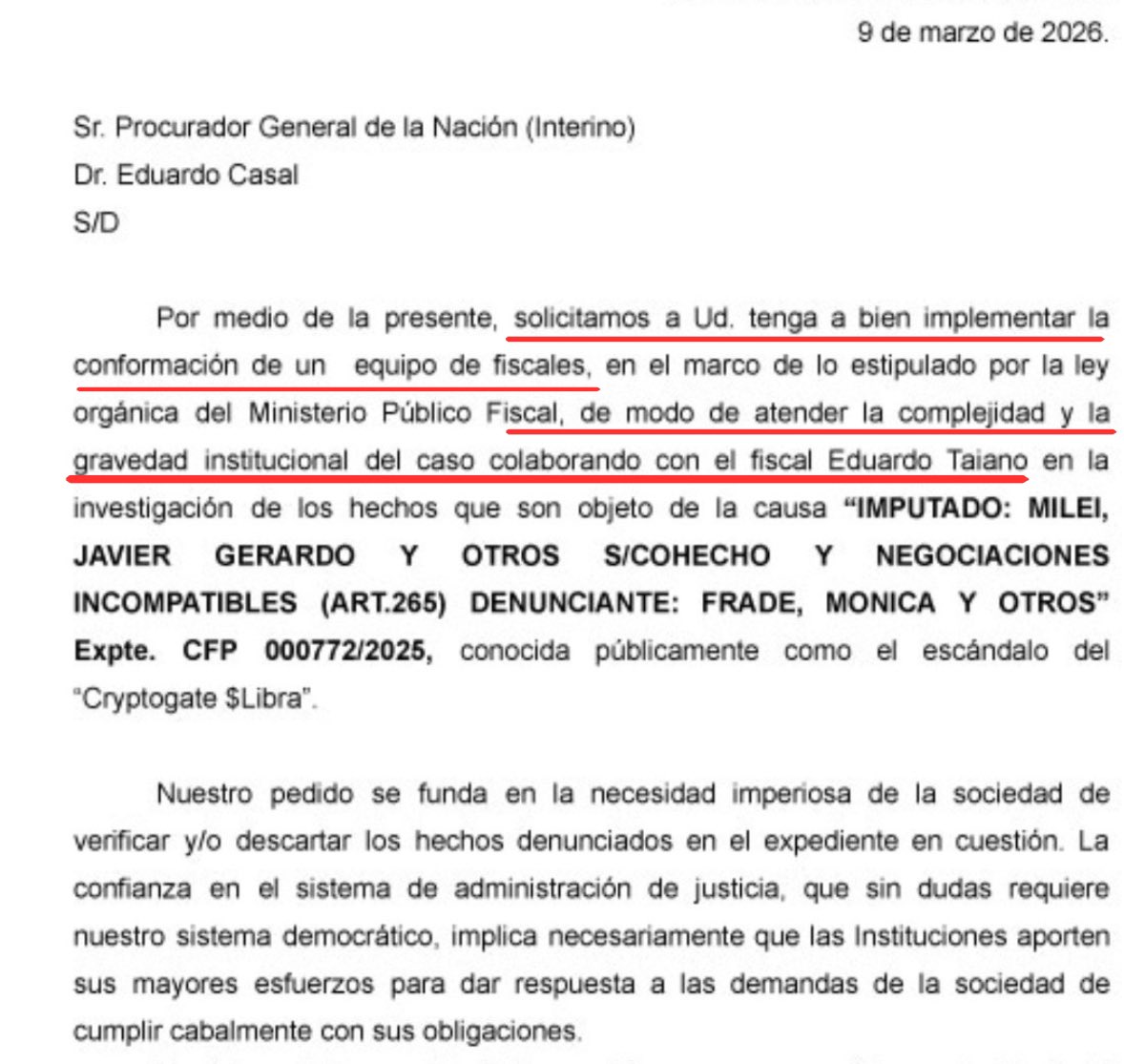JuanGrabois's tweet photo. PRESENTAMOS UN PEDIDO AL PROCURADOR GENERAL DE LA NACIÓN PARA QUE TAIANO DEJE DE SER EL ÚNICO FISCAL EN LA CAUSA $LIBRA

El fiscal Taiano oculta pruebas del expediente digital de la Causa $Libra para evitar llamar a indagatoria al presidente y sus secuaces. Quedó claro con los CONTRATOS entre Hayden Davis y Milei que Taiano encontró, pero no dio acceso a los abogados de las víctimas que nos enteramos gracias a la excelente labor de los periodistas. Es urgente que esta investigación, crucial para el destino del país, sea abordada por un equipo de fiscales que garanticen la transparencia y la celeridad.