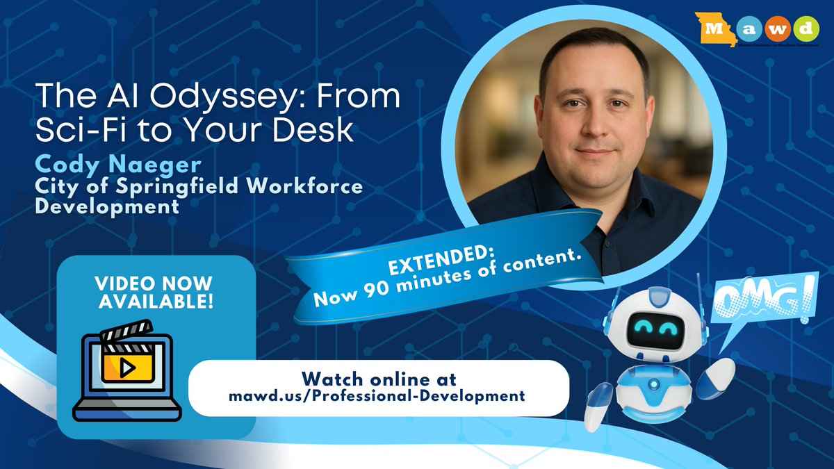 MO_WkDev's tweet image. Now Available: MAWD's professional development session The AI Odyssey: From Sci-Fi to Your Desk. Watch at our YouTube or catchup on all the sessions at mawd.us/Professional-D…

#moworkforce