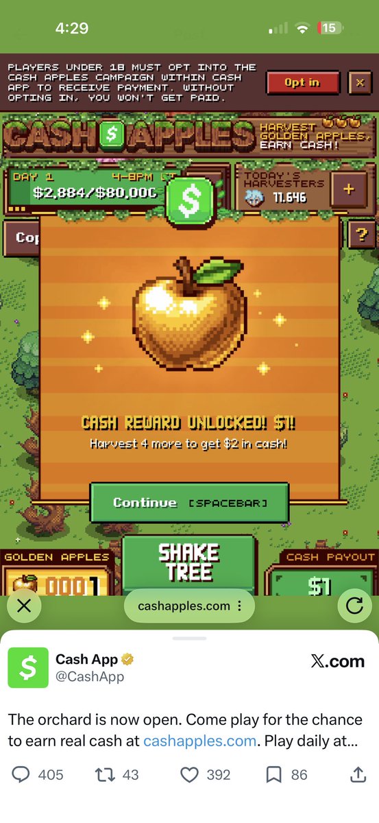 MissGryce's tweet photo. @CashApp It’s a cheat of a game too @CashApp cause I was playing and got 3 golden apples and then noticed the tag said opt in to collect rewards and once I did that it kicked my off the server! 🥹😭🫣that’s pretty fkd up!😡🤬🤯😤😩 https://t.co/c8RMDmqzvH