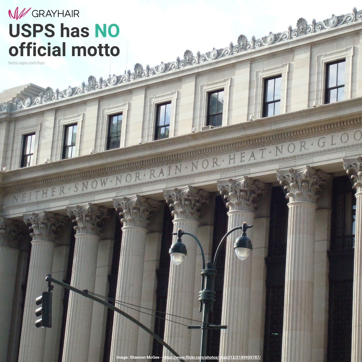 You know that famous phrase "Neither snow nor rain nor heat nor gloom of night..." that everyone associates with USPS? Yeah, that's not actually their motto. #USPS #PostalFacts #NoMotto #FunFacts #DidYouKnow #PostalHistory 

Image: Shannon McGee - hubs.ly/Q0463VWC0