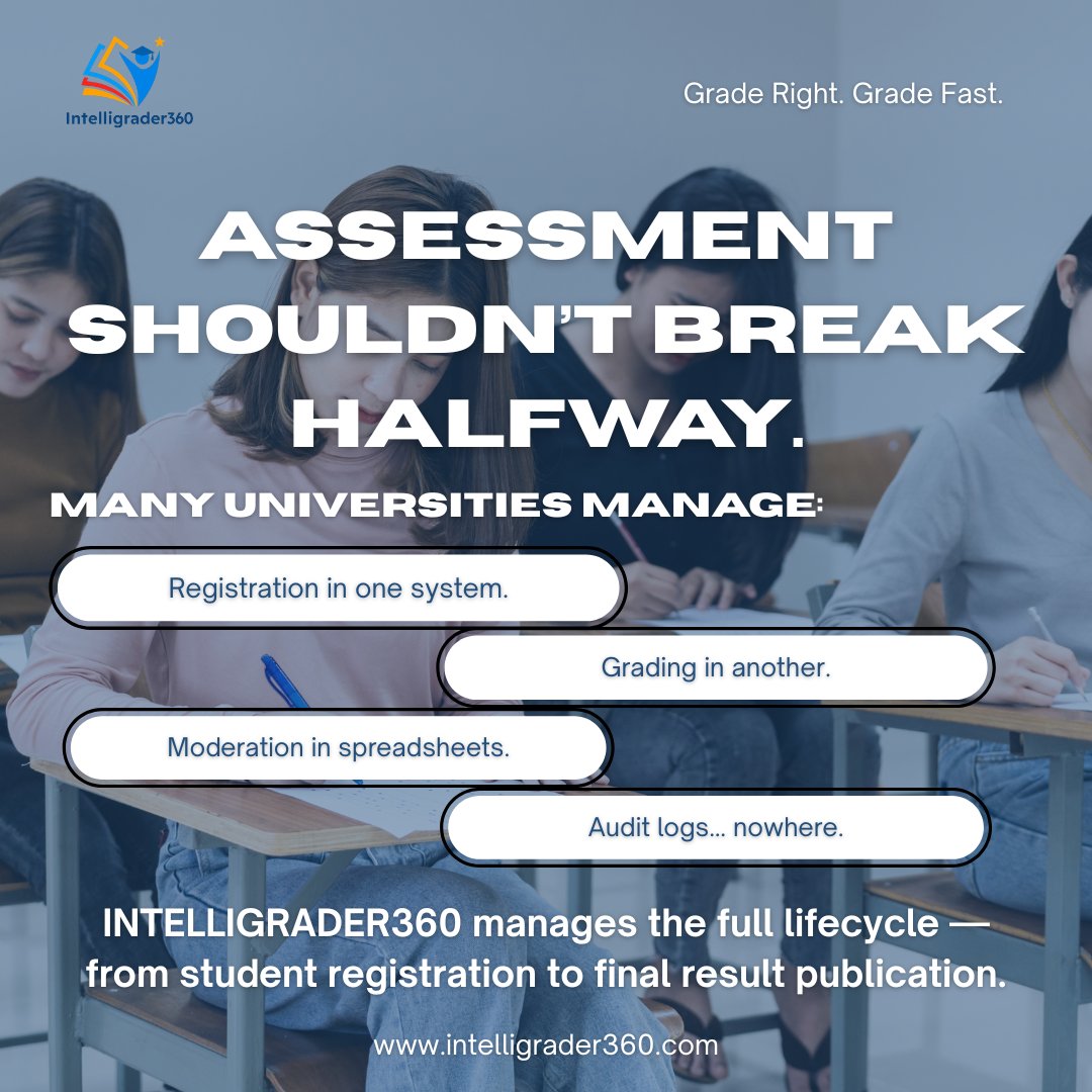 IntelliGrade360's tweet photo. Assessment shouldn't break halfway.
IG360 unifies registration, submissions, grading, moderation, audit, and result publication — all in one platforms.
No gaps. No guesswork. Just smooth, reliable assessment.
#edtech #highereducation #smartgrading https://t.co/TZySkUSHl3