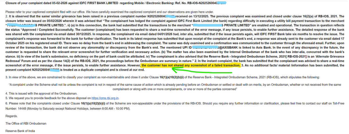 VoiceConsumers's tweet image. #Corrupt/#Malpractice @RBI #Ombudsman #Bhopal - indication towards bias towards commercial bank @IDFCFIRSTBank 
Despite receiving twice effective evidence towards service negligence. #RBIombudsman continues to neglect it, citing, complainant didn't provide it, to save #IDFC