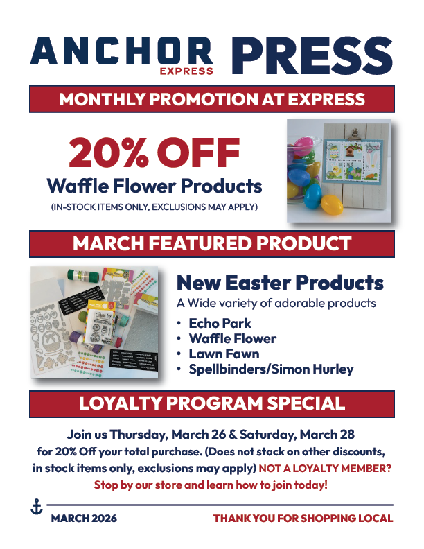 AnchorPXpress's tweet photo. The March Anchor Express Press is out now with new Easter arrivals, 20% off Waffle Flower products, and inspiration for spring creativity. Take a look at the full March issue here: https://t.co/xe3E1lKPWB https://t.co/P6sri4EiAx