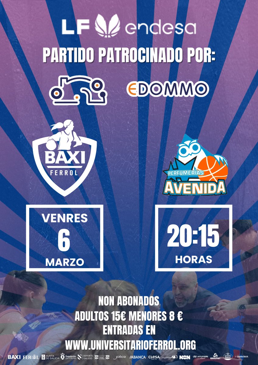 🏀🔥 Xa están á venda as entradas!

Este venres 6 de marzo ás 20:15 horas temos cita na Malata 💙
Recibimos a Perfumerías Avenida.

✨ Partido patrocinado por Edommo ✨

🎟️ Prezos non abonados:
👉 Adultos: 15€
👉 Menores: 8€

Compra xa en 👉 universitarioferrol.org