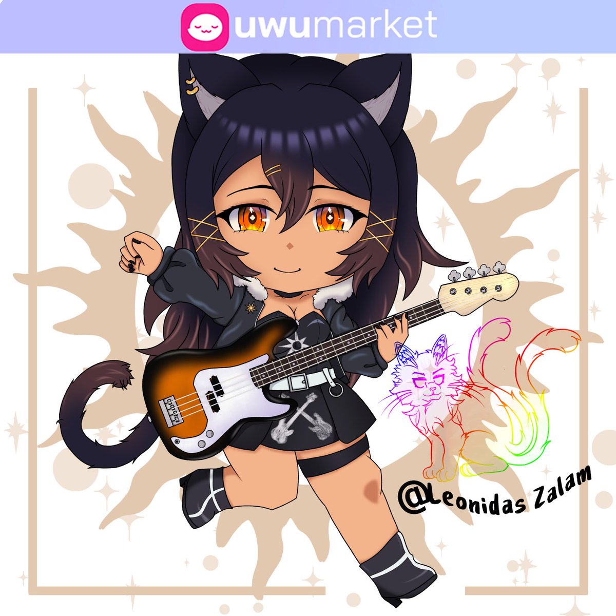 Leonidas_Zalam's tweet photo. I love feline characters, and today I bring you a cat streamer, @sulkycats , a Holy Priestess who plays bass. I gave her an outfit based on urban J-rock. If you want to have her with you, you can find her at the link @shopuwumarket #Digitalart #Vtuber #Chibi #merch https://t.co/RHkfT5R7VR