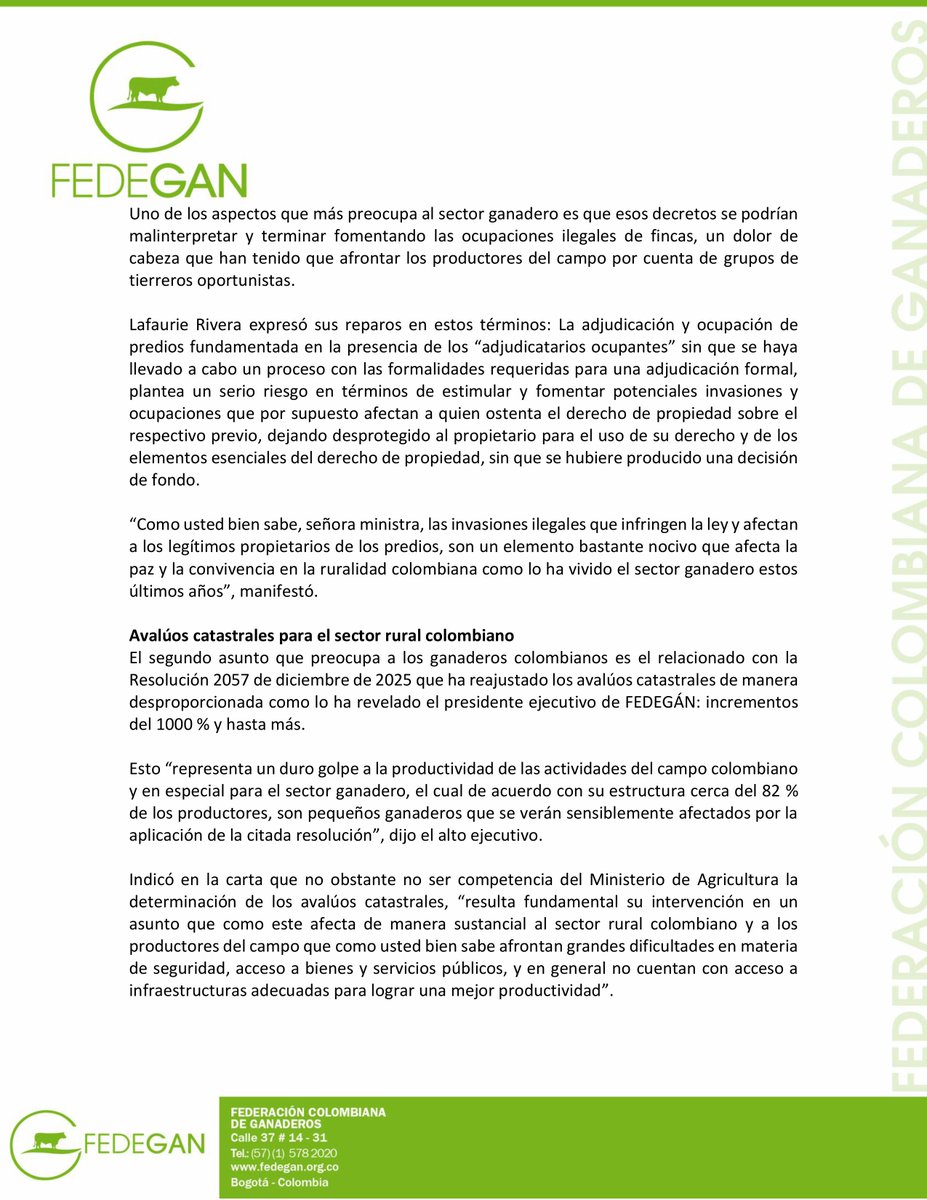 #Atención #EsNoticia #Urgente 

COMUNICADO DE PRENSA

FEDEGÁN envía carta a ministra de Agricultura con observaciones a decreto de emergencia económica lesivo para el sector rural

- En la misiva, el presidente ejecutivo de FEDEGÁN, José Félix Lafaurie Rivera, le solicitó a la