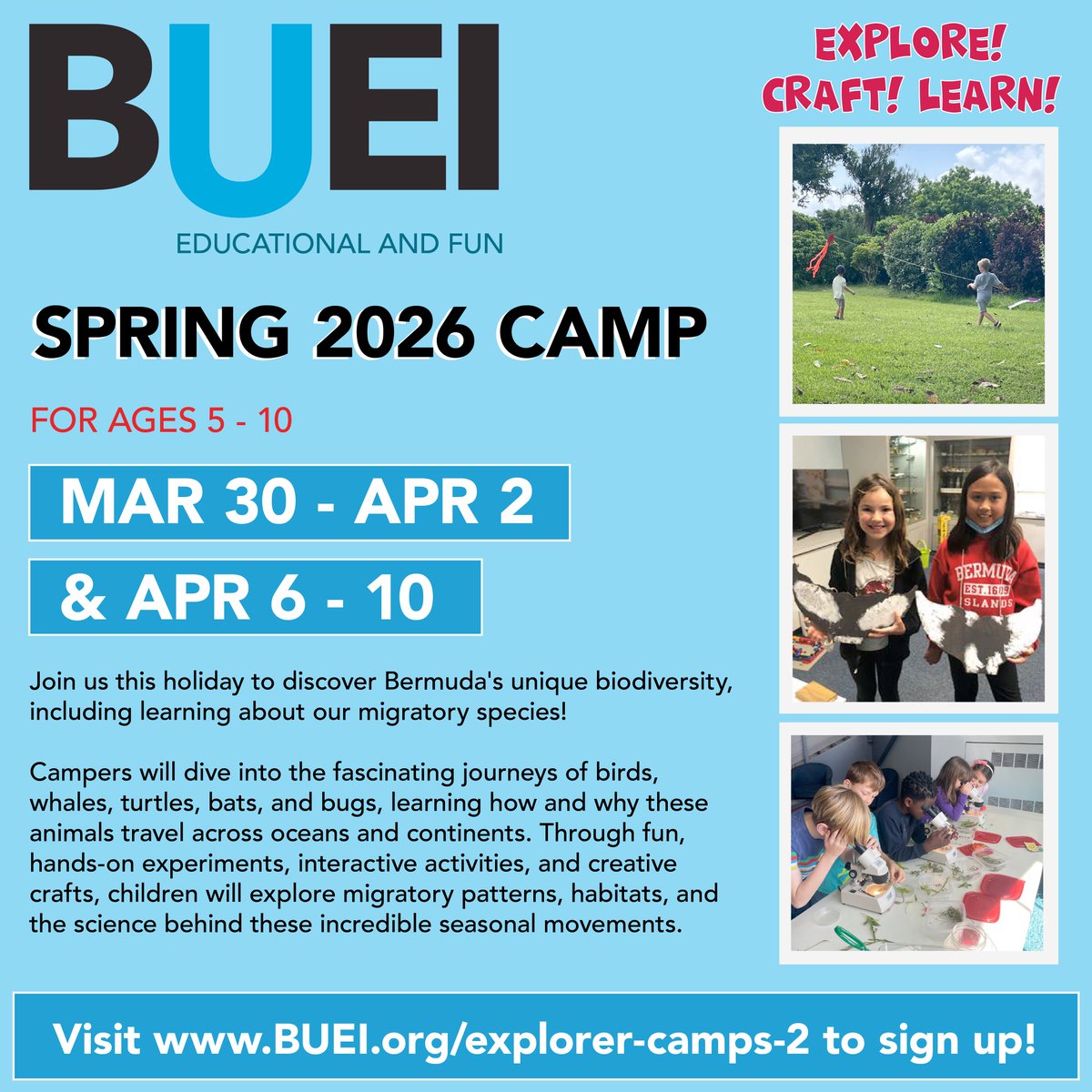 BueiBermuda's tweet photo. There are a few spaces available for our fun and educational Spring Explorer Camps!

Visit https://t.co/pvGoXq0roV or check out the links in our bio to sign up now.

#buei #bermuda #camps #education https://t.co/EuP2RS5tYo